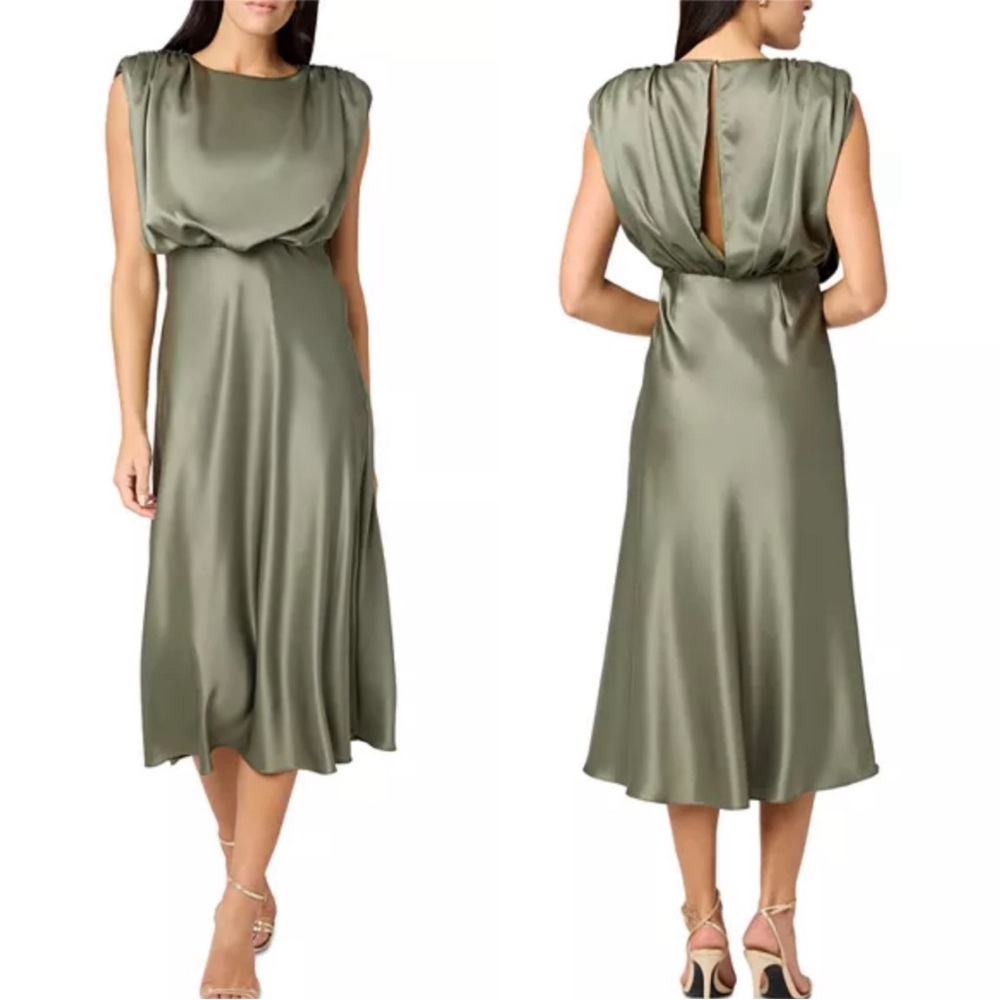 TOCCIN Satin Olive Midi Dress with Draped Bodice